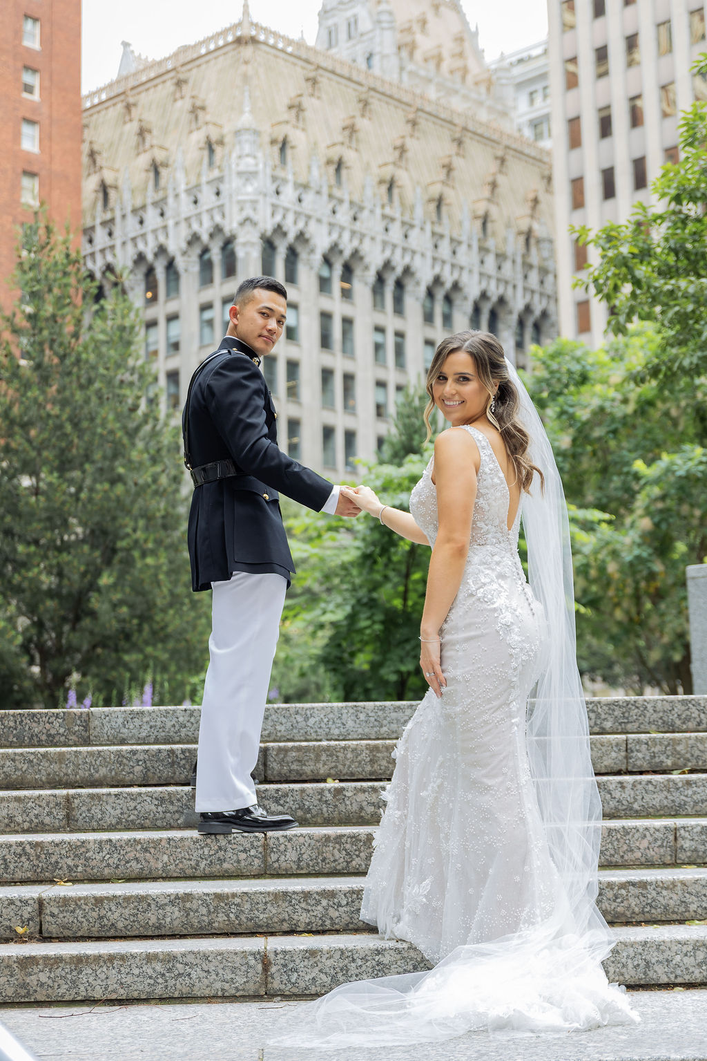 City portrait of bride and groom