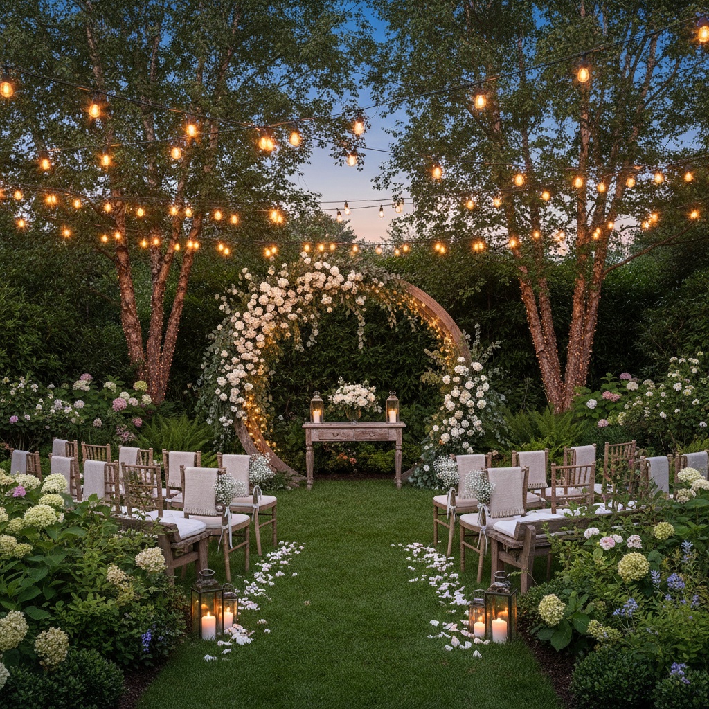 Beautifully decorated backyard wedding ceremony setup with floral arch and string lights. DIY backyard wedding tips