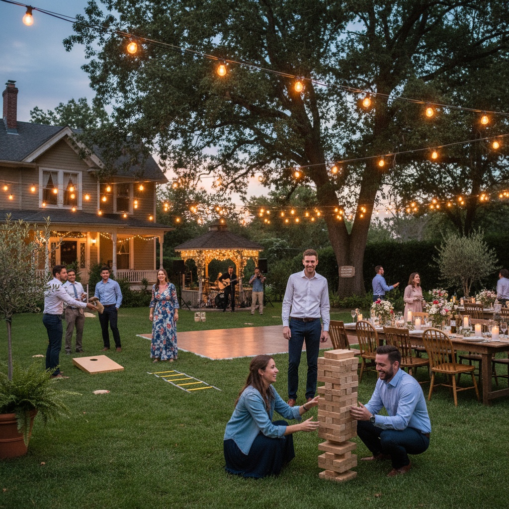 Guests playing lawn games at a backyard wedding reception, with string lights overhead. DIY backyard wedding tips