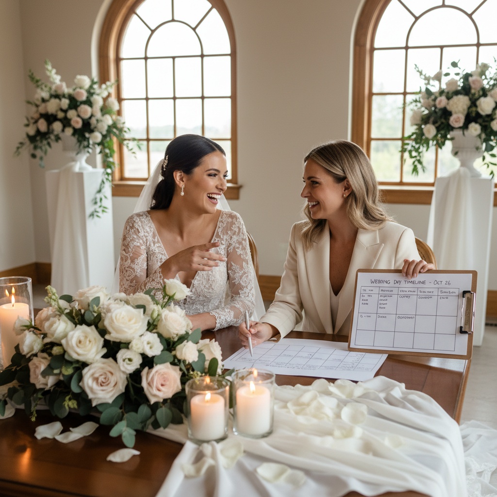 Bride with wedding planner reviewing timeline