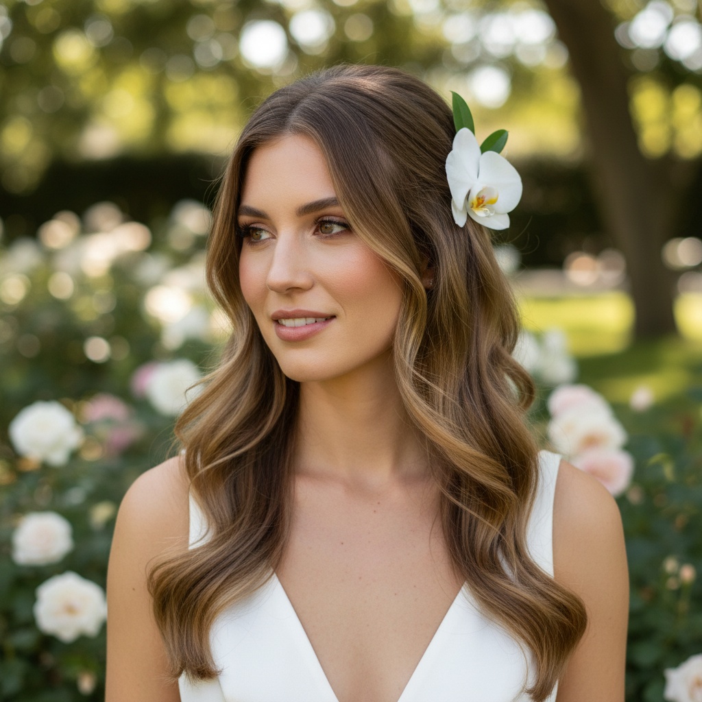 Modern bridal hairstyle with loose waves and minimal makeup in an elegant, natural setting