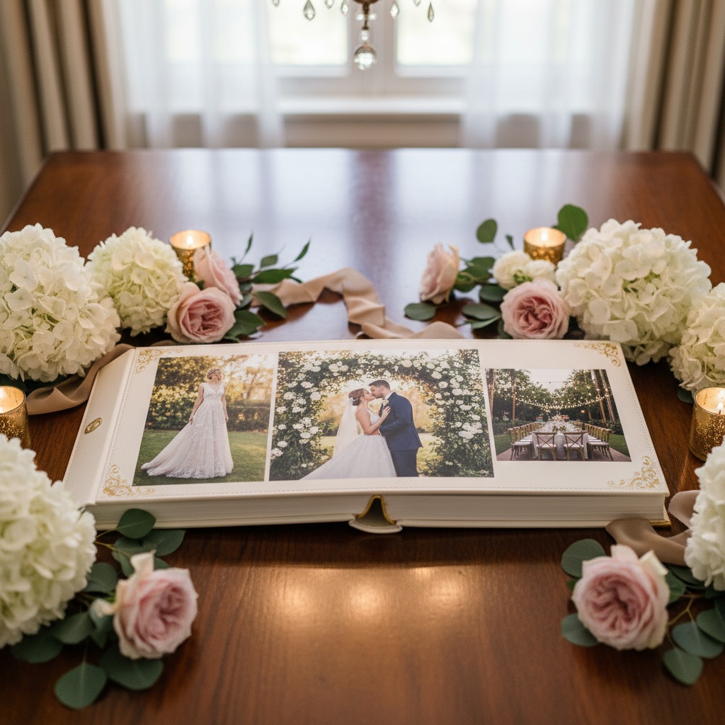 Luxurious wedding photo album open on a wooden table with elegant floral decor