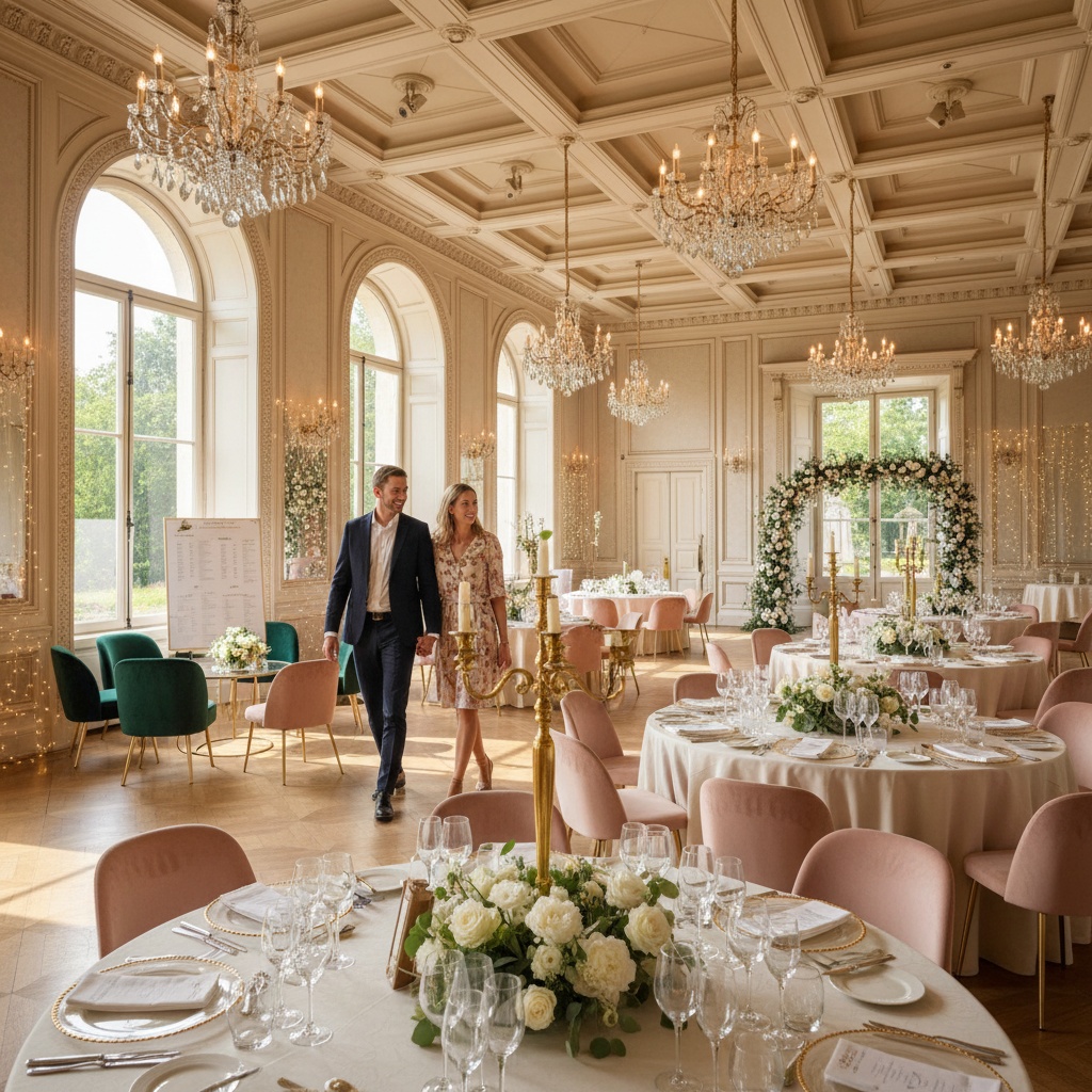 Couple touring a beautiful wedding venue with their planner, surrounded by elegant decor and natural light.