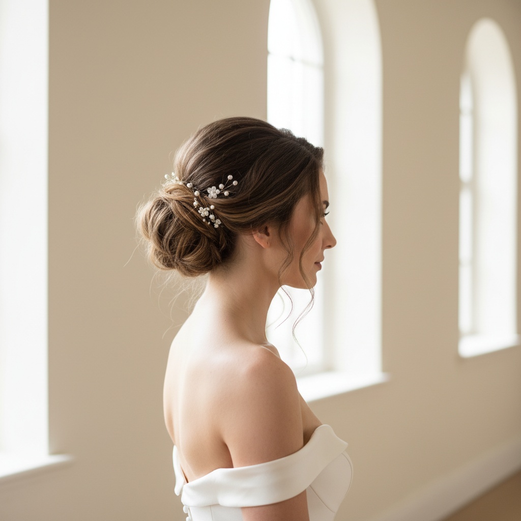 Sophisticated bridal updo with natural textures and a minimalist elegant background