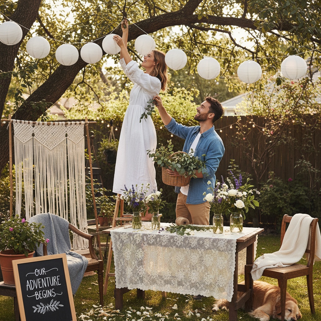 Couple setting up DIY wedding decorations in their backyard, hanging lanterns and arranging flowers. DIY backyard wedding tips