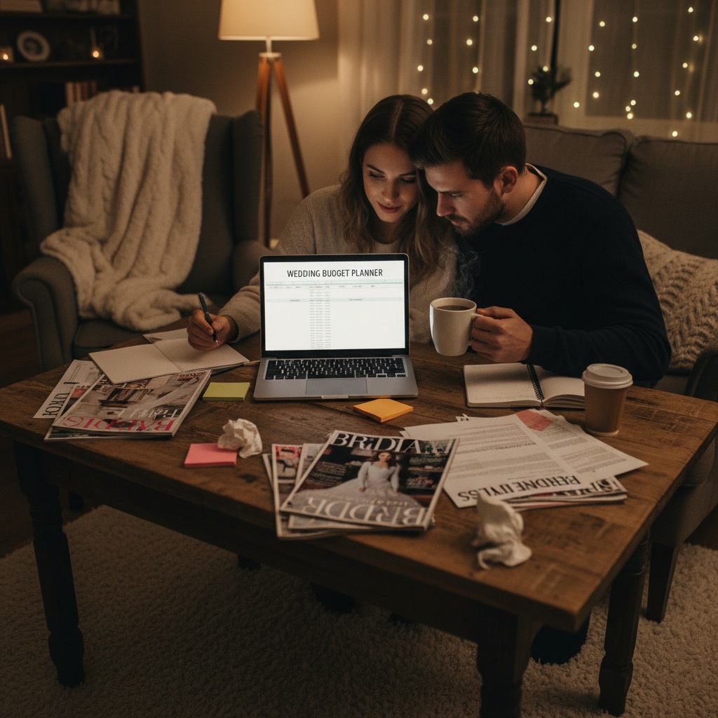 A sophisticated couple reviewing their luxury wedding budget on a sleek laptop in a stylish setting. Wedding budget planning for high-end clients.