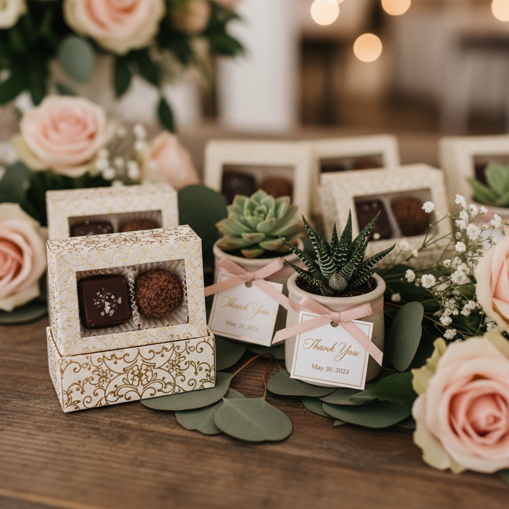 Close-up of wedding favors: artisan chocolates in decorative boxes and mini succulents with custom tags, arranged on a table with floral decor. wedding favors