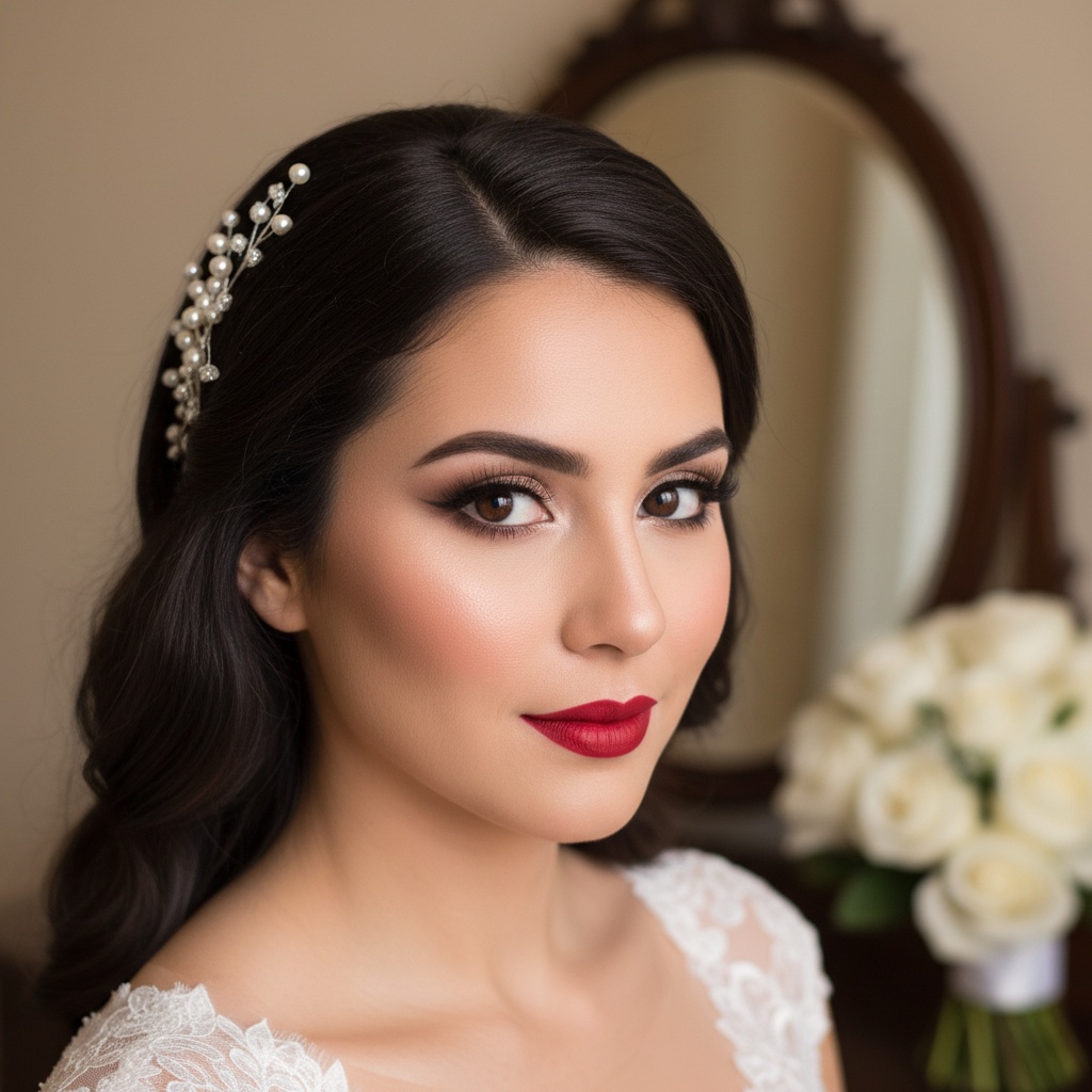 Classic glamour bridal makeup look with flawless skin, defined eyes, and bold red lips