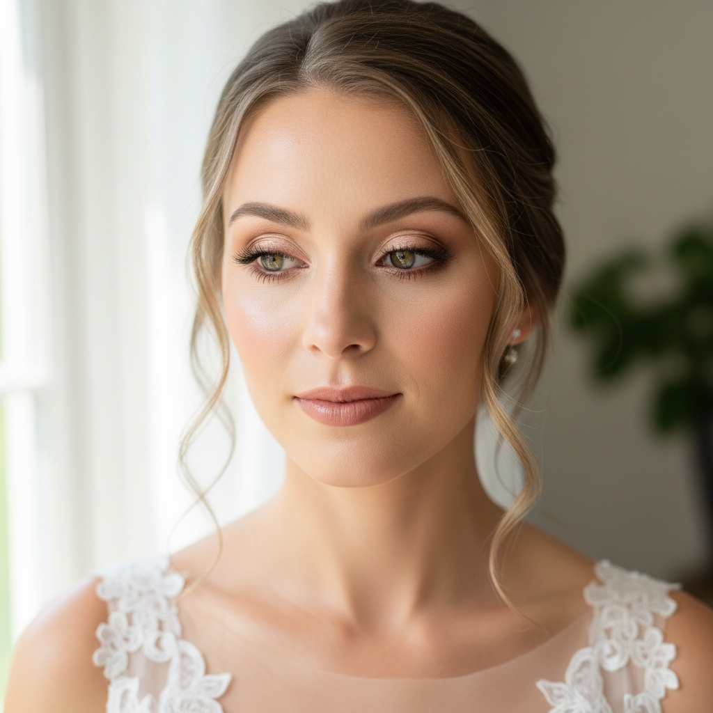 Natural radiant bridal makeup look with glowing skin, soft eyes, and nude lips