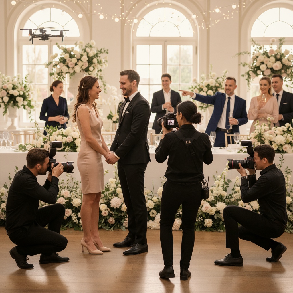 Creative wedding photographer and videographer team in action