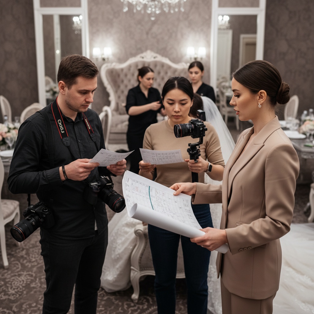 Wedding planner and photo/video team collaborating with master timeline