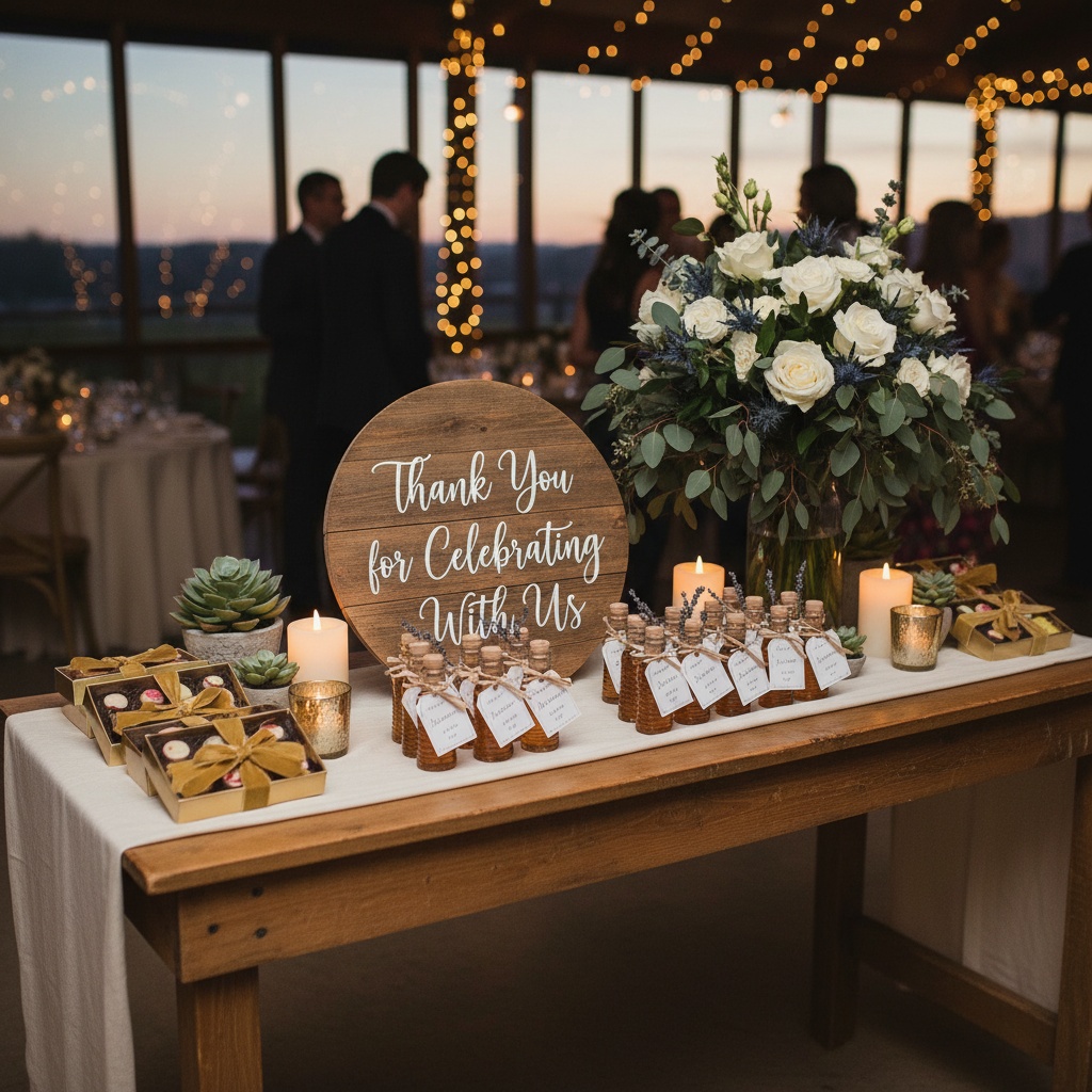 A beautifully arranged wedding favor table at a reception, featuring personalized mini bottles, elegant packaging, and a sign that reads 'Thank You for Celebrating With Us.' wedding favors