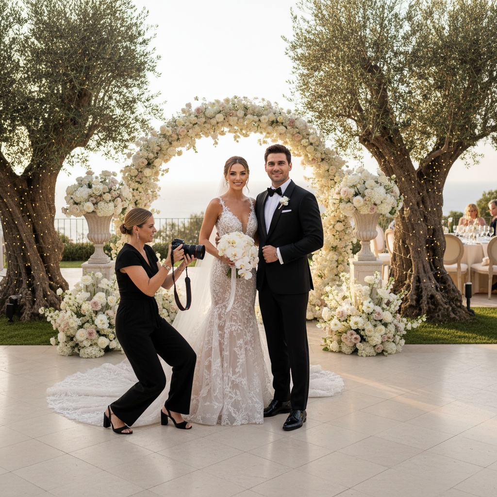 Elegant, sophisticated bride and groom posing with a professional female wedding photographer at a luxury outdoor wedding venue with soft natural light.