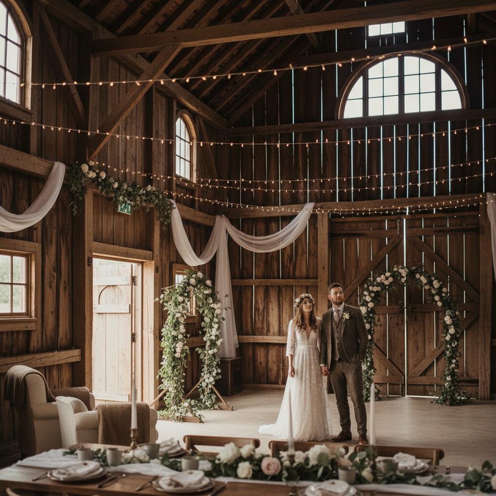 Bride and groom standing in a rustic barn venue, visualizing their wedding setup.