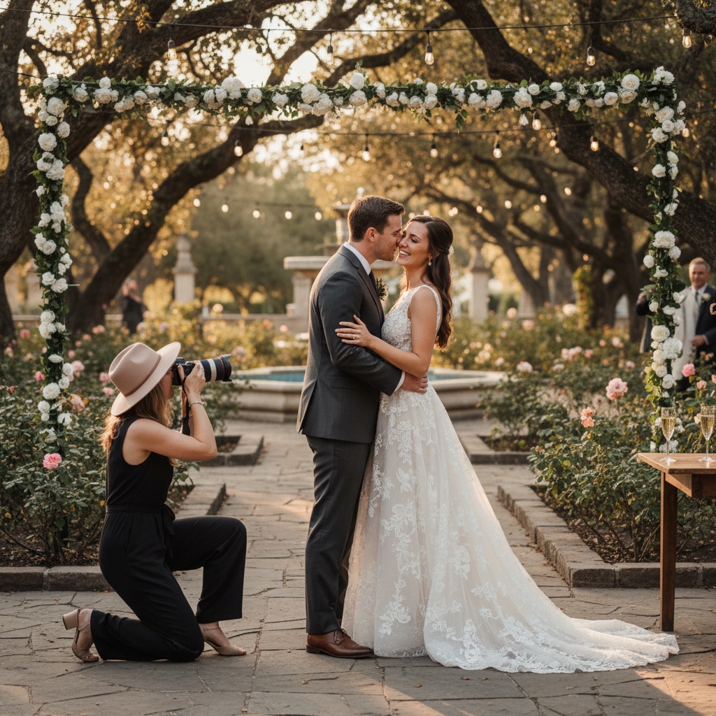 Female professional wedding photographer capturing an intimate moment between a bride and groom at an upscale outdoor wedding