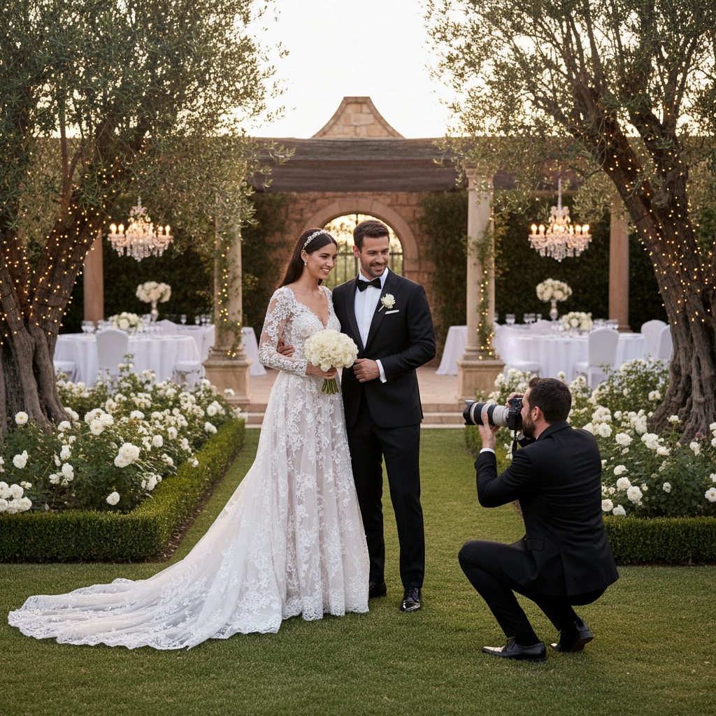 Elegant bride and groom posing with a professional wedding photographer at a luxury outdoor venue