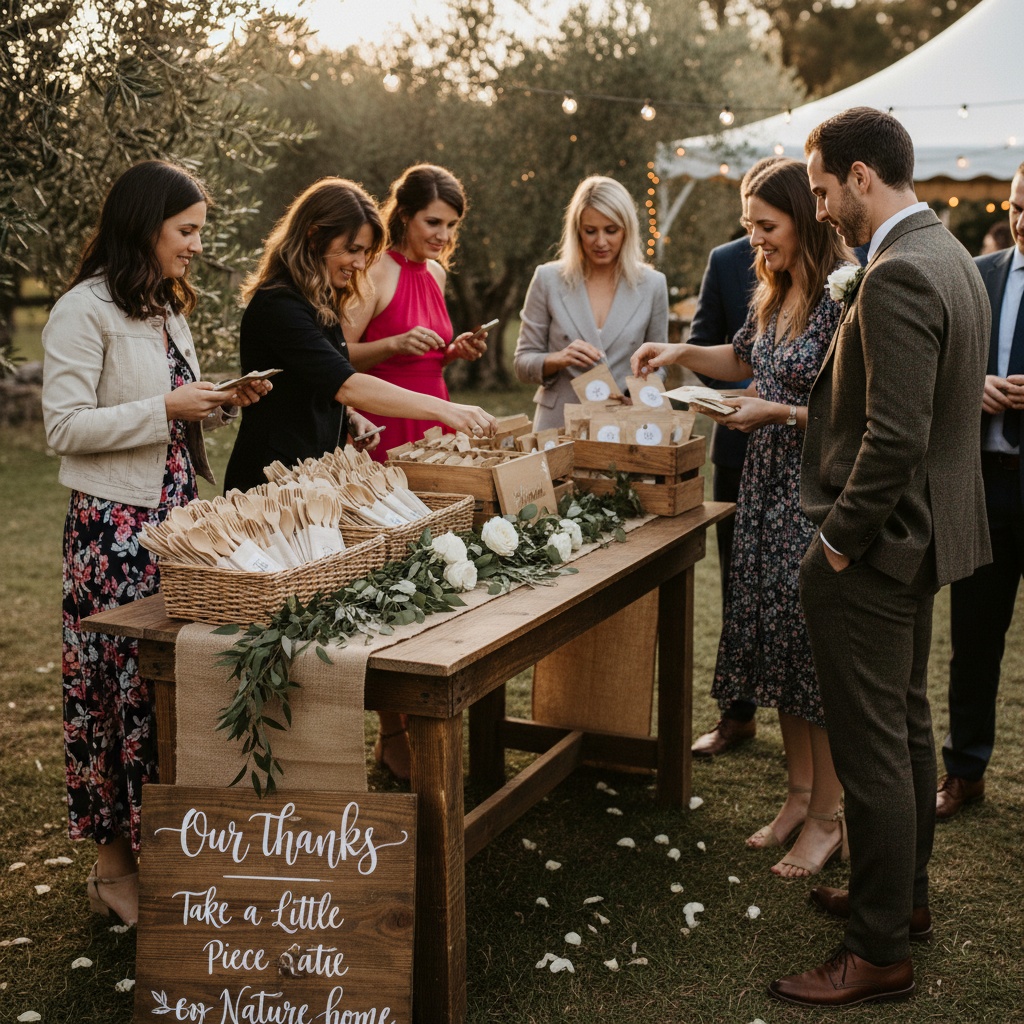 Wedding guests picking up eco-friendly wedding favors like reusable bamboo cutlery and seed packets from a rustic display, with greenery and elegant signage. wedding favors