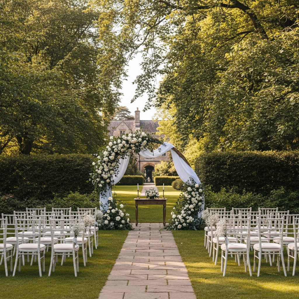 Outdoor garden wedding venue set up for a ceremony, with a beautiful floral arch and rows of chairs, lush greenery, and natural sunlight.