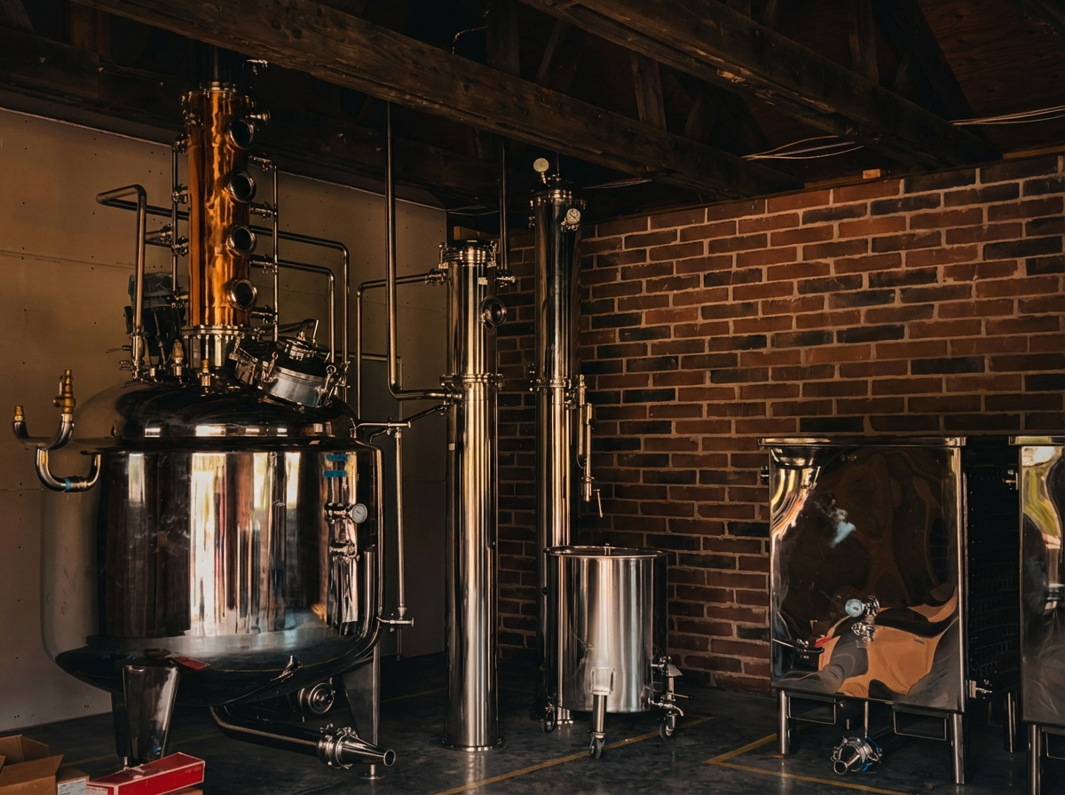 200-gallon copper still at Sunset Distilling Co.