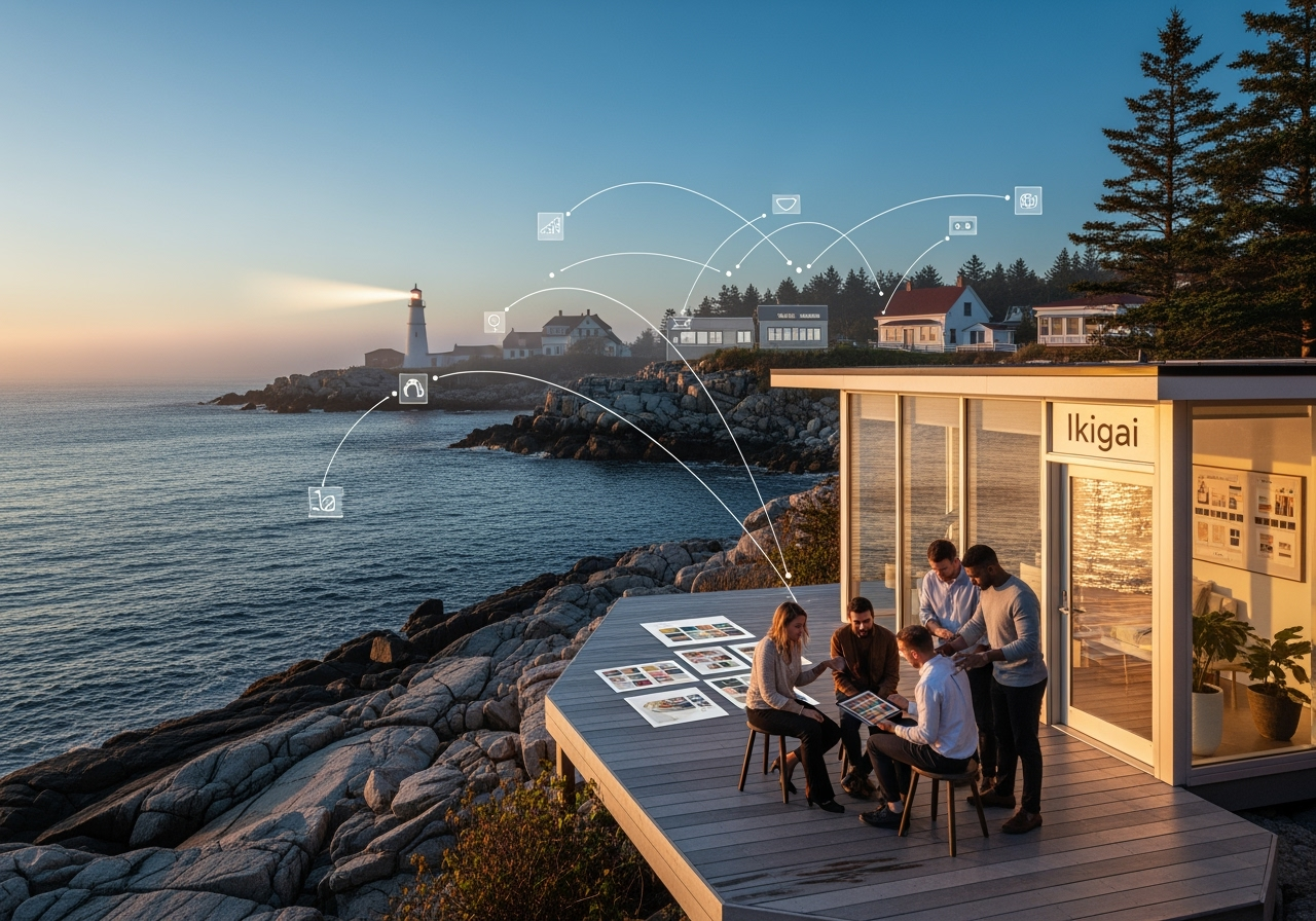 Create a high-impact, photo-realistic hero image for a website banner conveying the concept: "Maine Branding and Marketing Agency That Delivers." Scene: Rugged Maine coastline at golden hour with a modern glass-front studio perched near the shore. Subtle brand-forward details: tasteful signage reading "Ikigai" on the studio, warm interior glow, clean minimalist aesthetic. Visual metaphors for results and delivery: a lighthouse beam cutting through light coastal fog toward the horizon; discreet data-visual lines (sleek, semi-transparent) arcing from the studio toward distant small business storefronts along the coast, symbolizing reach and measurable outcomes. Style: premium, editorial, cinematic contrast, crisp textures (granite rocks, pine trees, ocean), rich but natural color grading (deep blues, warm ambers). Include diverse professionals in smart-casual attire on a deck collaborating with a tablet and mood boards. Composition: wide landscape 4:3 for hero banner crop, strong leading lines from rocks toward studio and lighthouse. Avoid clichés like stocky handshake or exaggerated charts. No text overlays in the image besides the subtle "Ikigai" signage.