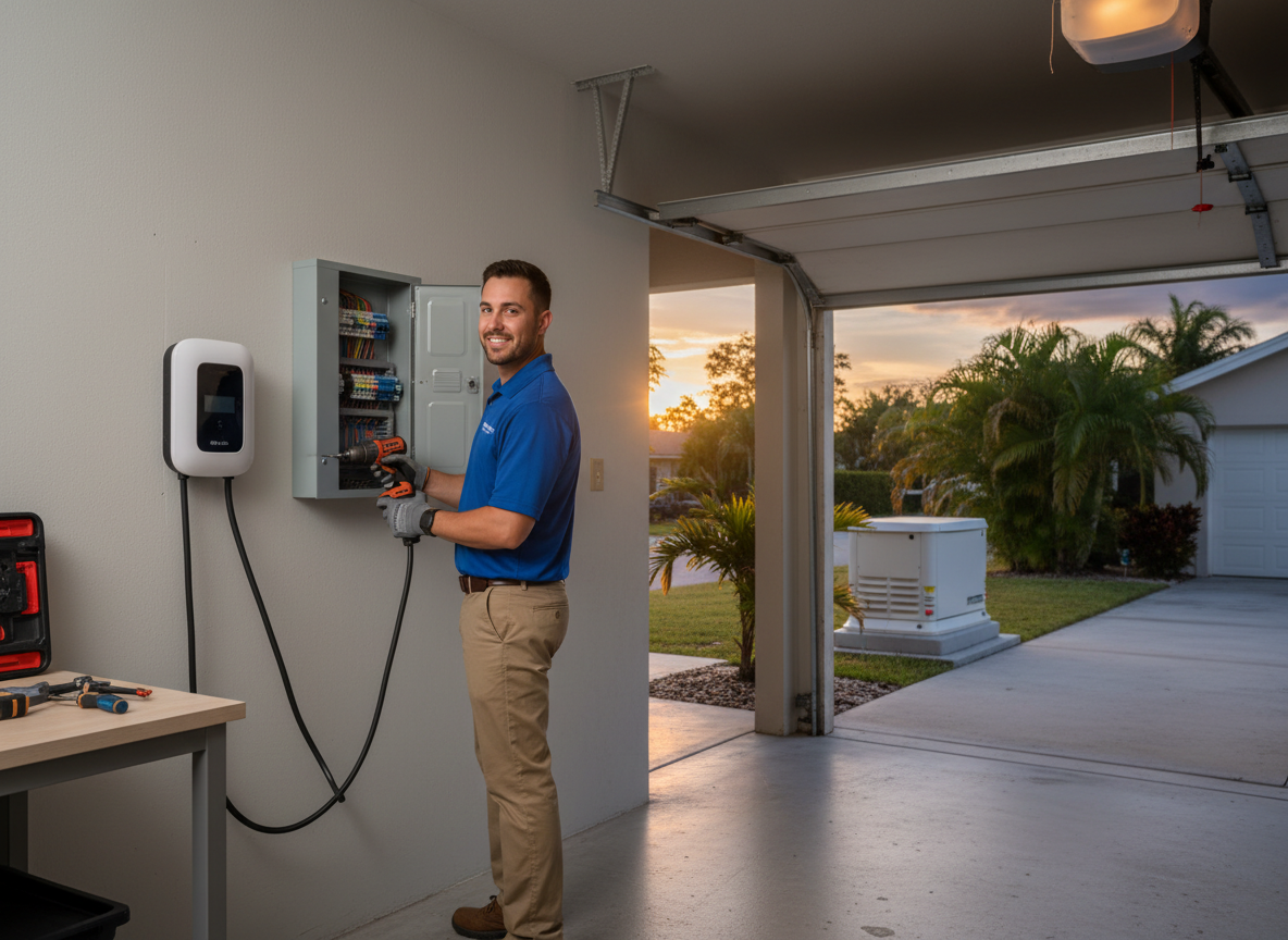 Licensed electrician installing an EV charger in a clean residential garage