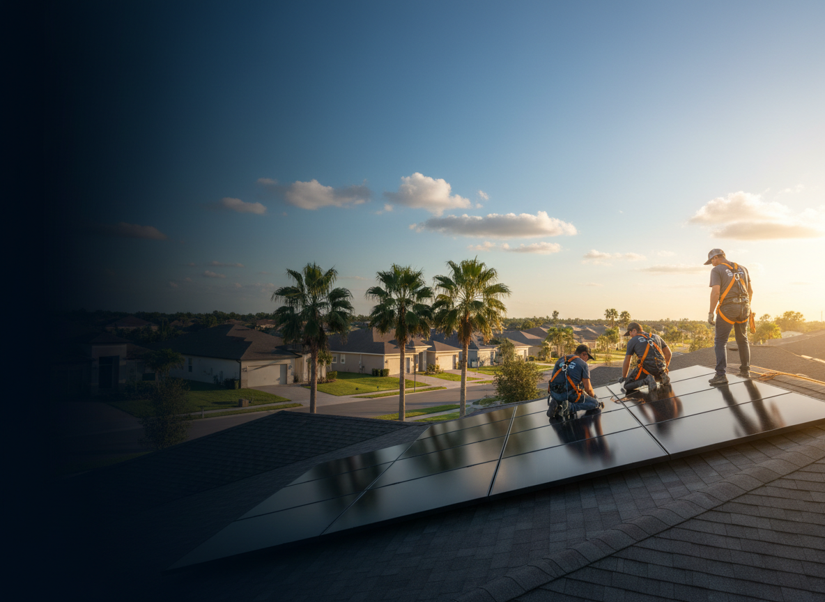 Solar panel installation on a Florida rooftop at sunset