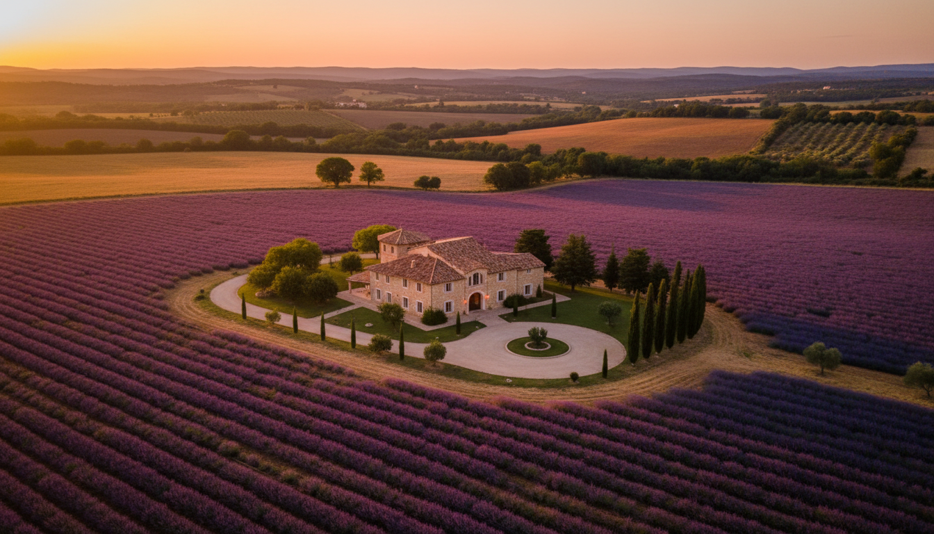 Provence lavender fields and countryside at golden hour