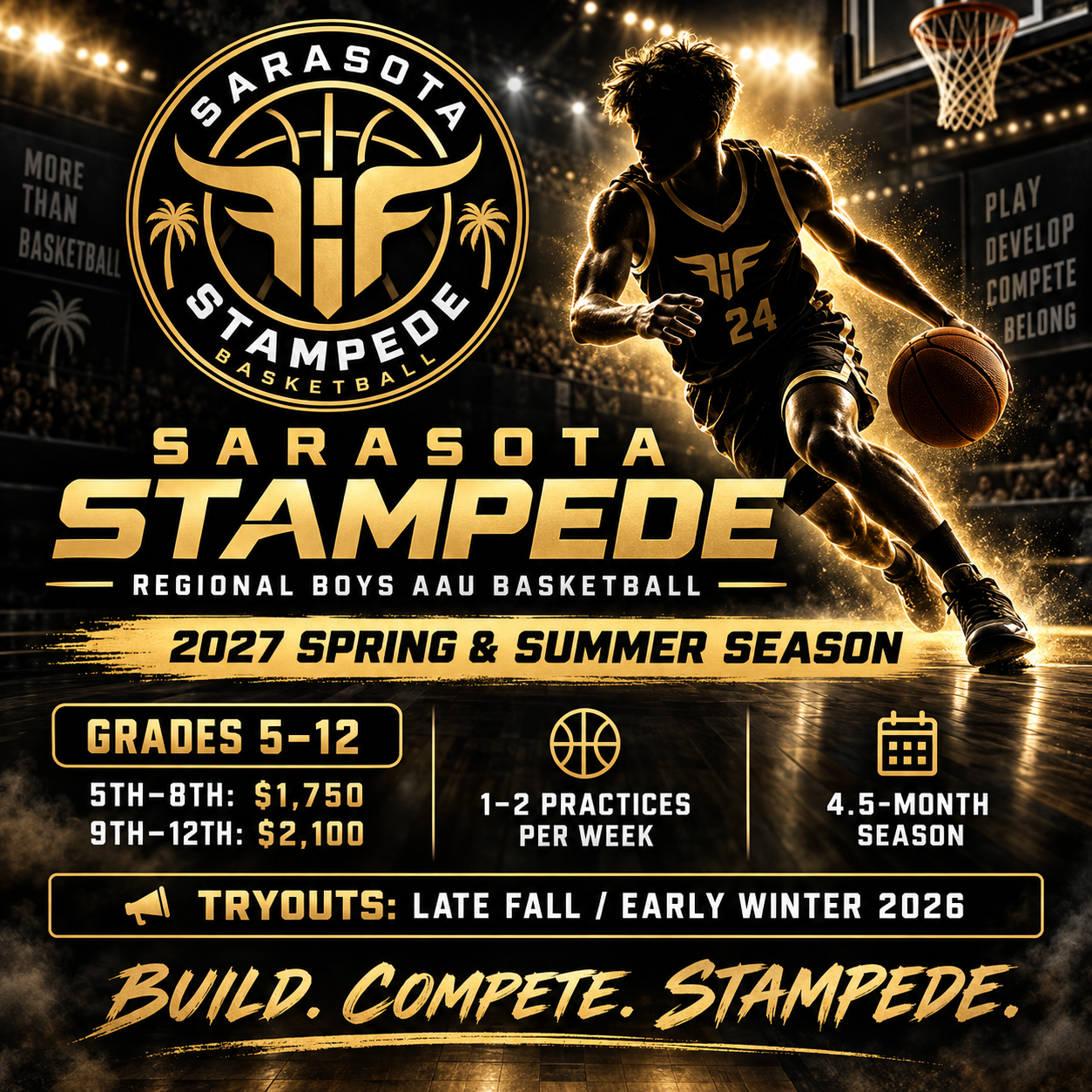 Sarasota Stampede AAU basketball tryouts flyer