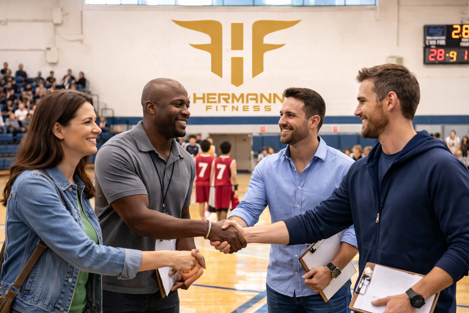 Parents and coaches meeting courtside at Hermann Fitness