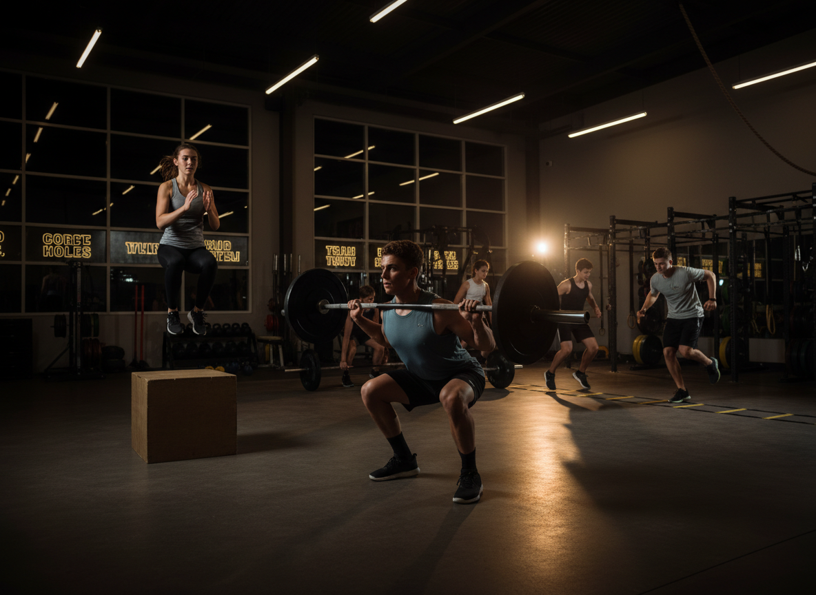 High school athletes performing advanced training movements — barbell squats, box jumps, and agility drills at Hermann Fitness