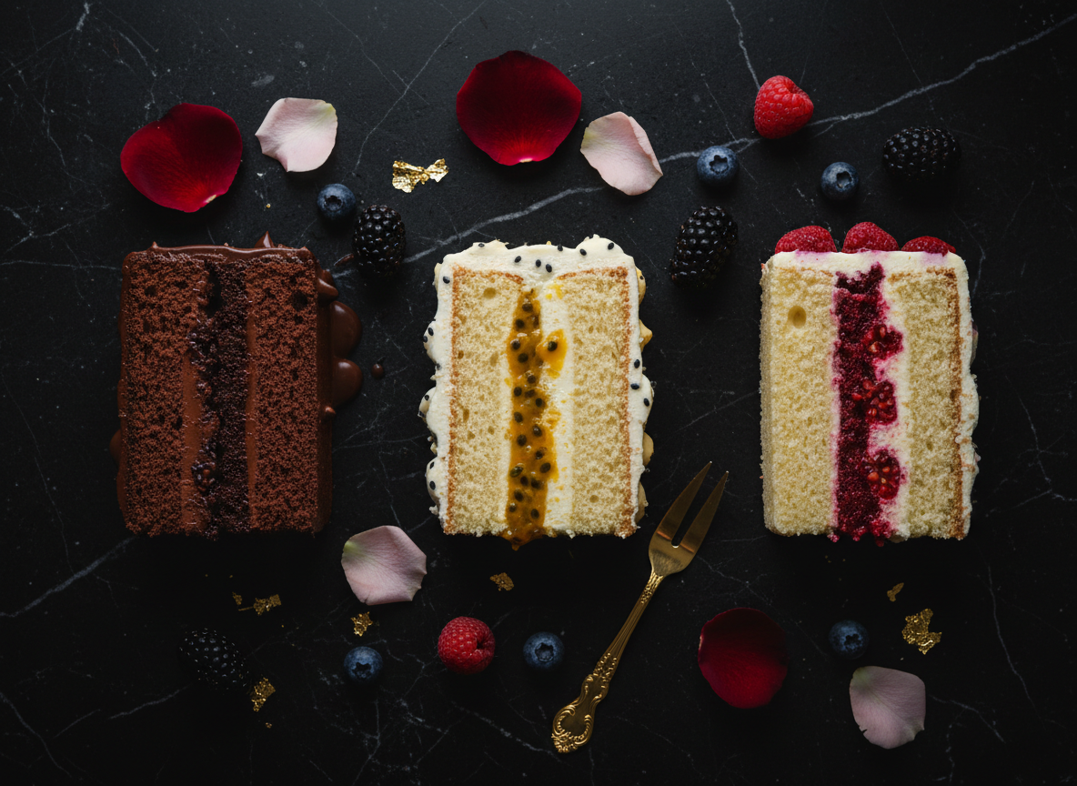 Premium cake slices showing signature flavors — chocolate, passion fruit, and raspberry — by NYCakes Boutique in Long Island City, NY