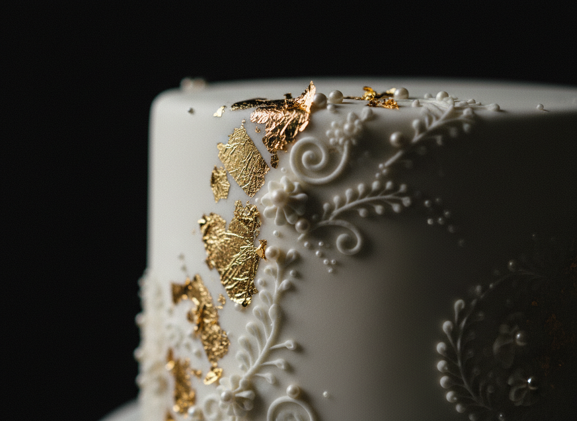 Wedding cake detail with gold accents