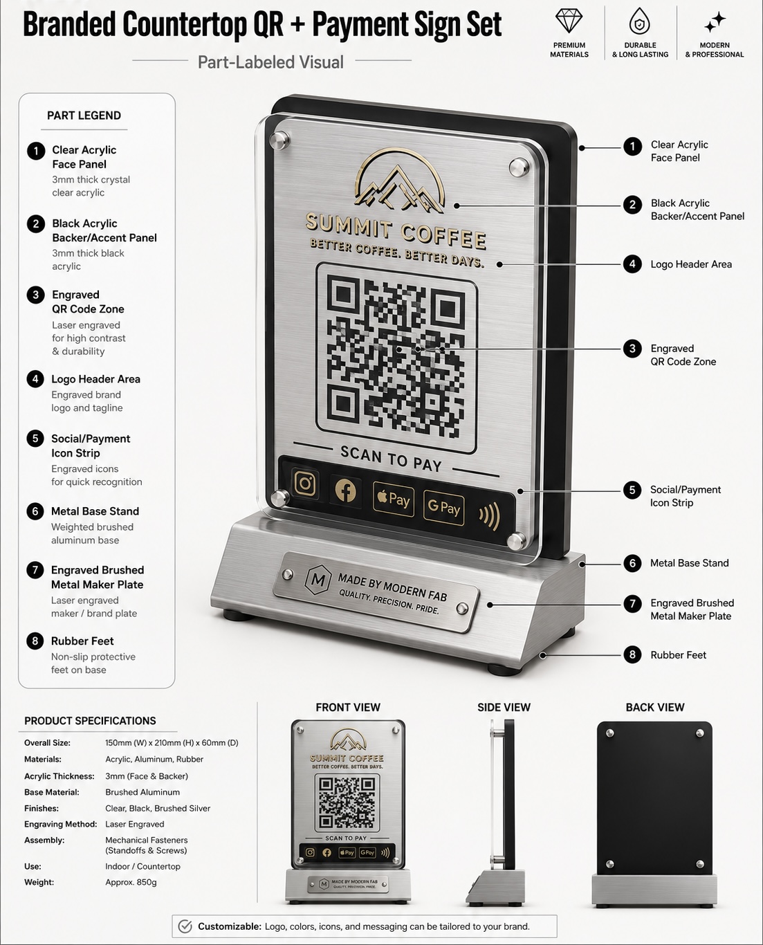 Branded countertop QR and payment sign set with clear acrylic face, black acrylic backer, engraved QR code, social and payment icons, and brushed aluminum base
