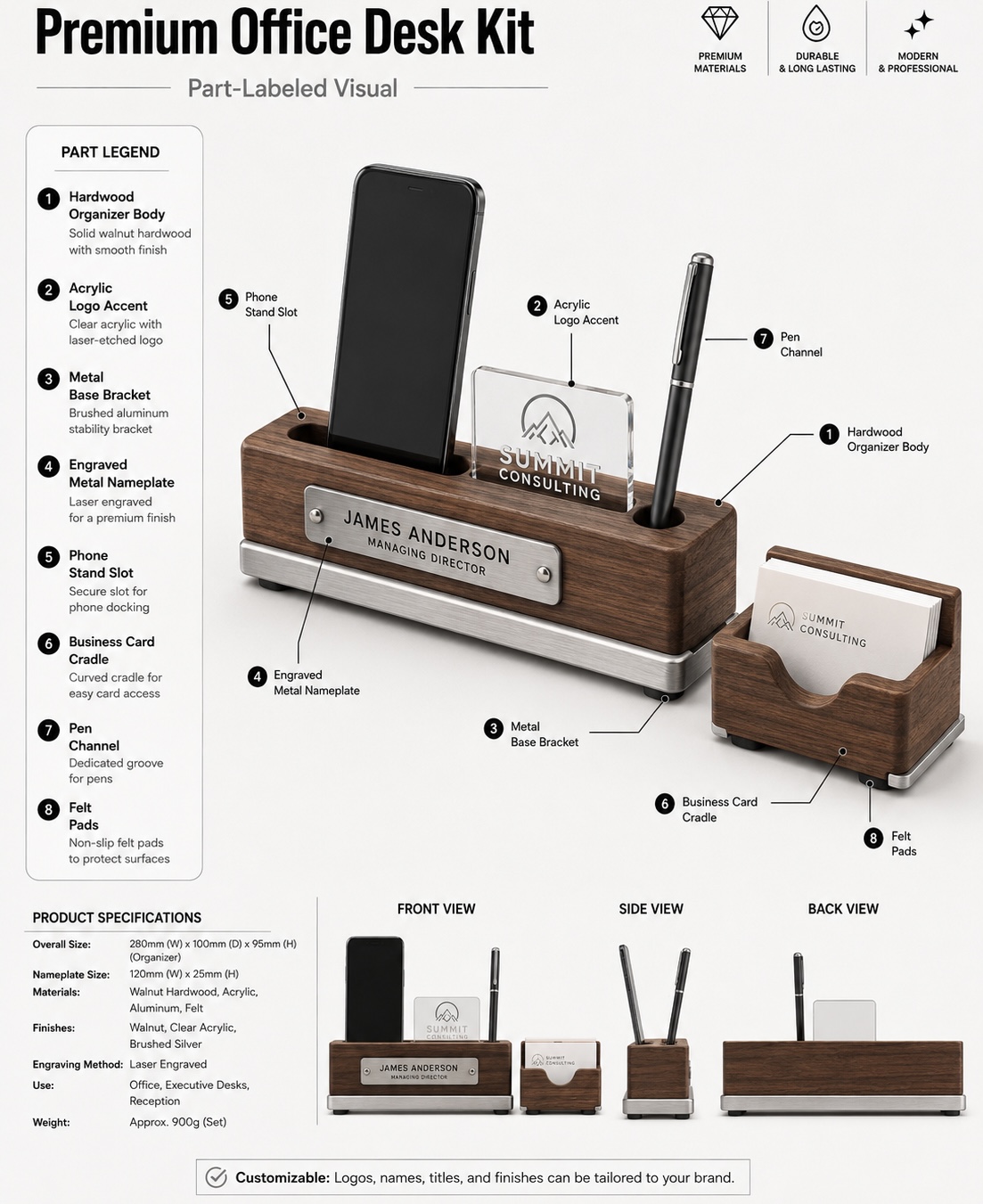 Premium office desk kit with walnut hardwood organizer, acrylic logo accent, engraved metal nameplate, phone stand slot, business card cradle, and pen channel