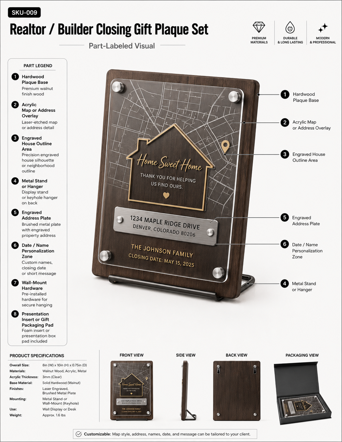 Realtor and builder closing gift plaque set with walnut wood base, acrylic map overlay, engraved house outline, brushed metal address plate, and presentation packaging