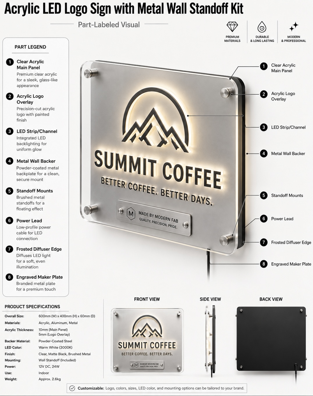 Acrylic LED logo sign with metal wall standoff kit featuring clear acrylic panel, LED backlighting, powder-coated metal backer, and brushed standoff mounts