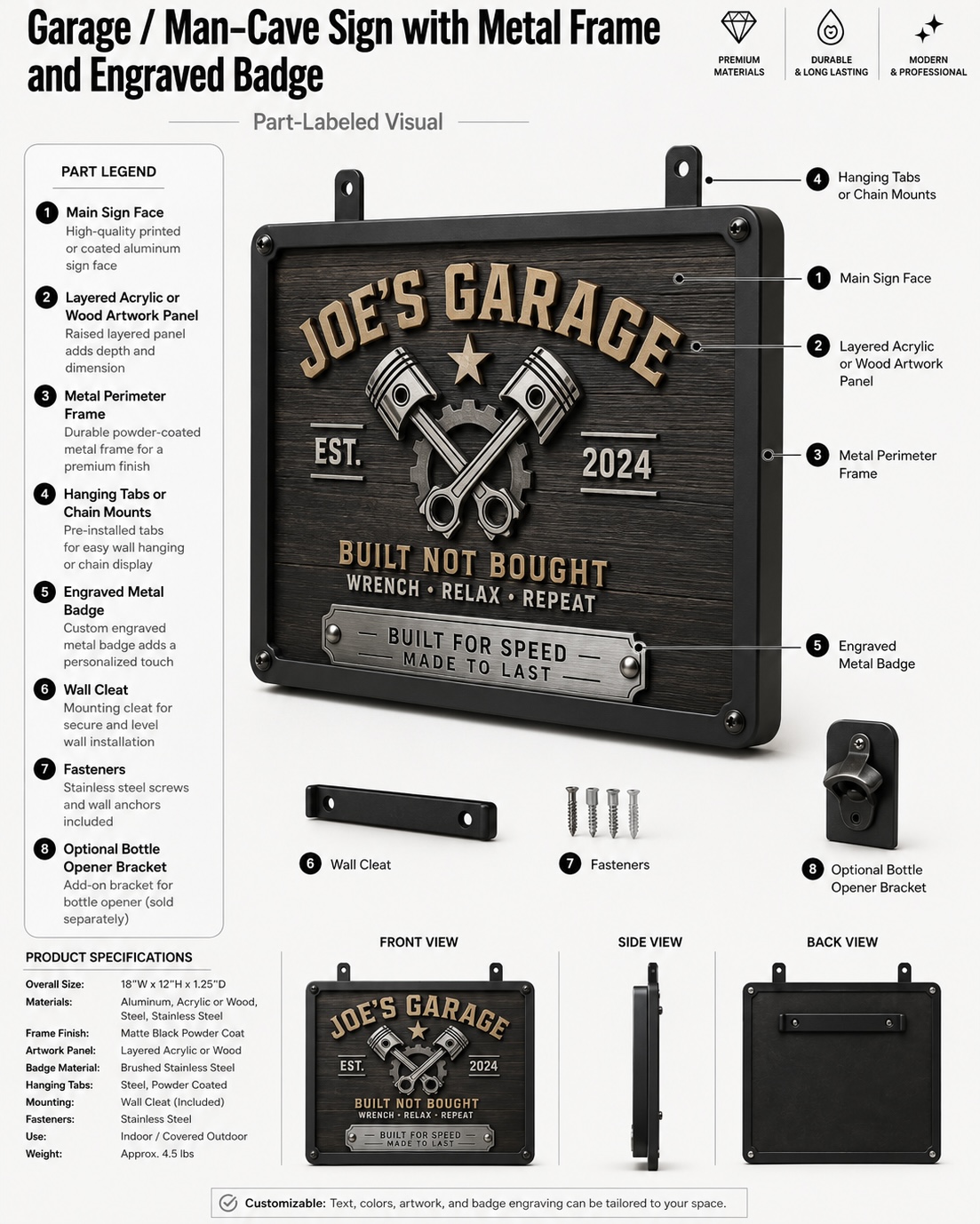 Garage and man-cave sign with metal frame, layered acrylic artwork panel, engraved metal badge, wall cleat mounting, and optional bottle opener bracket
