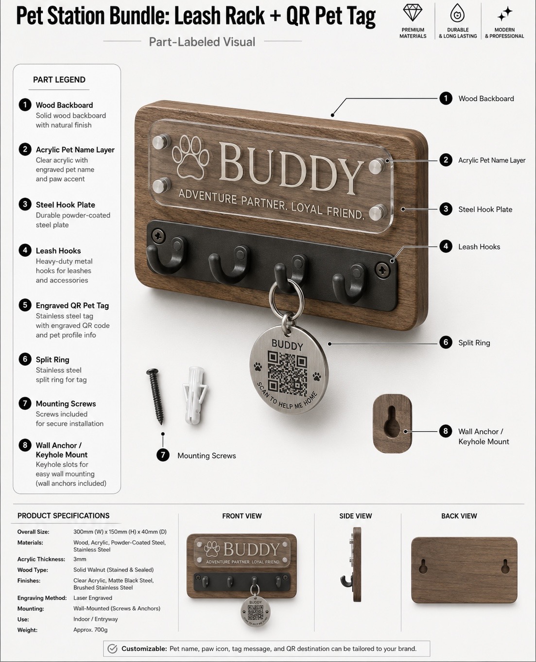 Pet station bundle with walnut leash rack, acrylic pet name layer, steel hook plate, leash hooks, and engraved QR pet tag with split ring