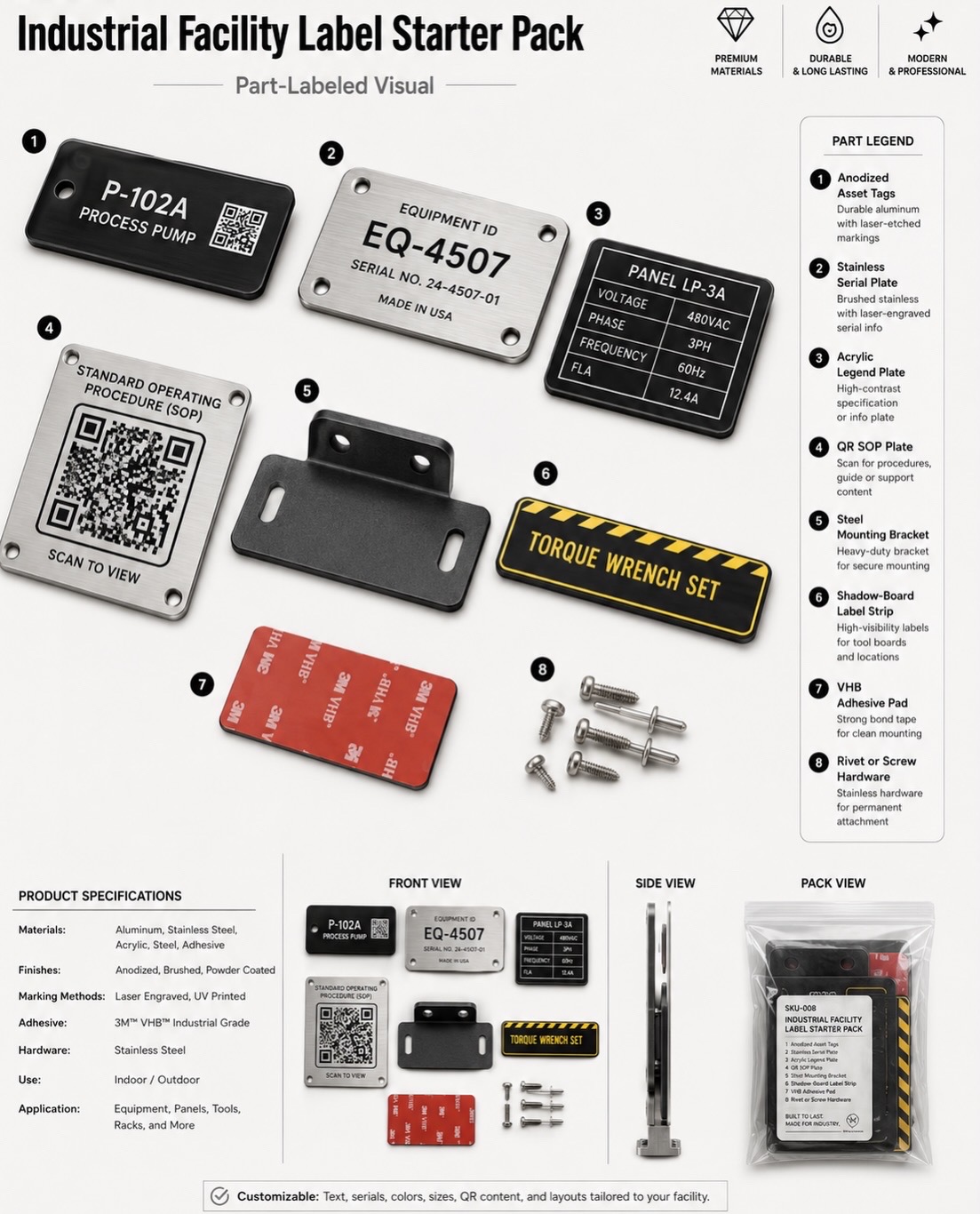 Industrial Facility Label Starter Pack featuring anodized asset tags, stainless serial plates, acrylic legend plates, QR SOP plates, and mounting hardware
