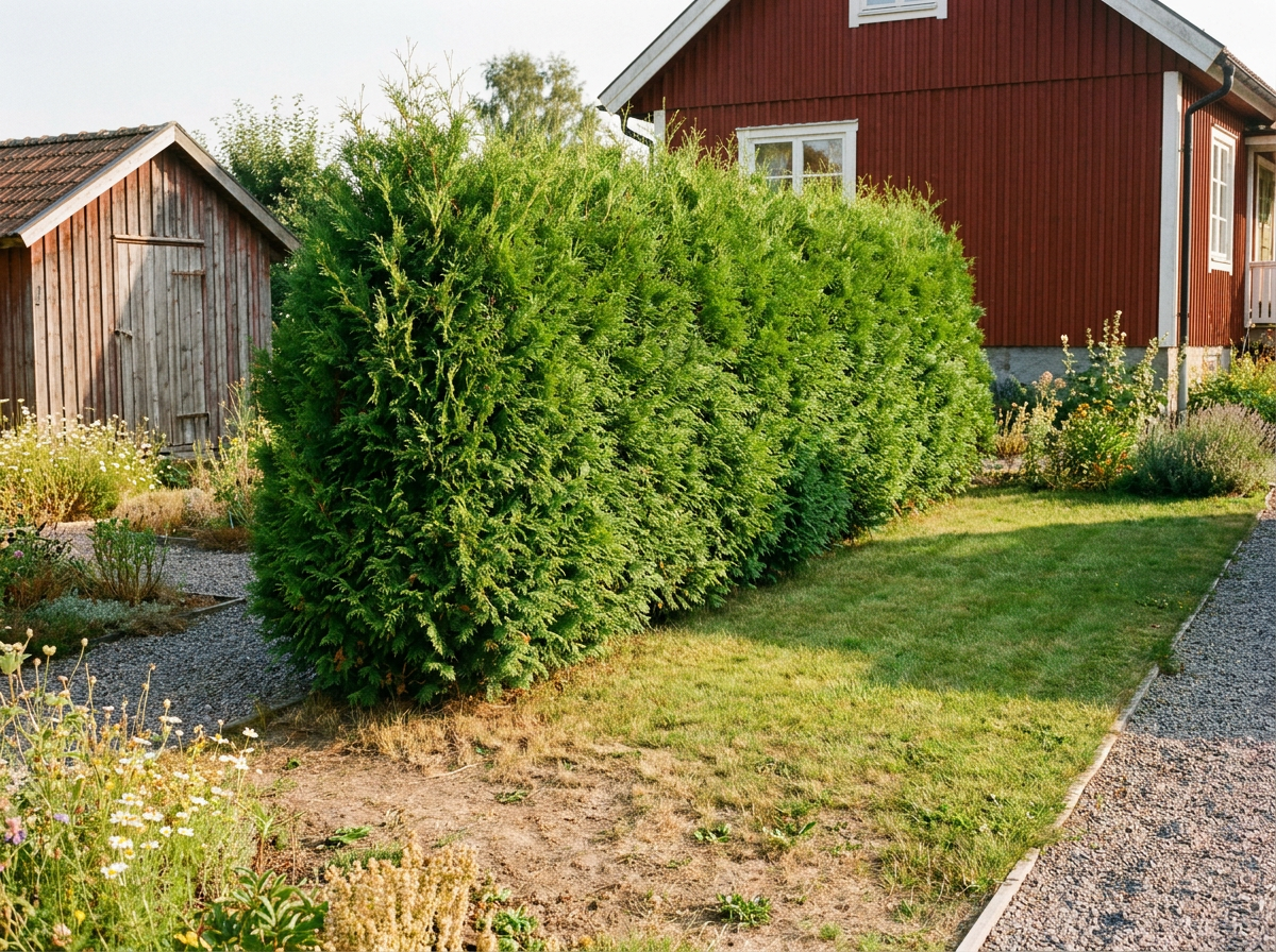 Grön thuja häck i en skandinavisk trädgård under augusti