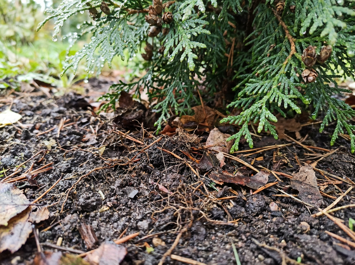 Närbild på thuja, jord och fukt vid rotzonen