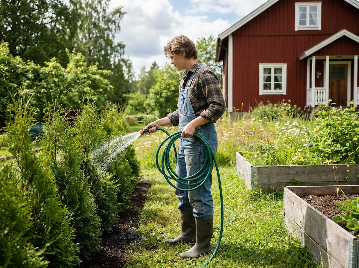 Person som vattnar en häck med slang i en trädgård på sommaren