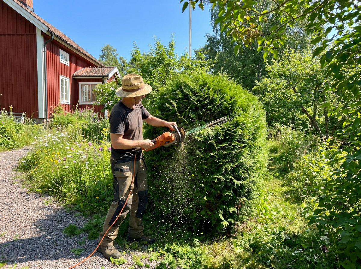 Person klipper häck i sommarträdgård