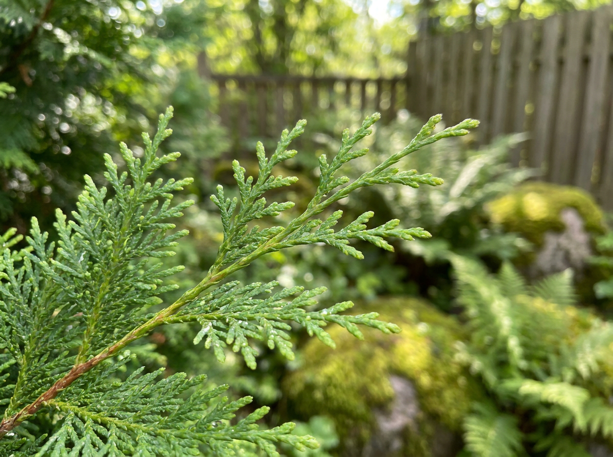 Närbild på thujagrenar i sommarljus