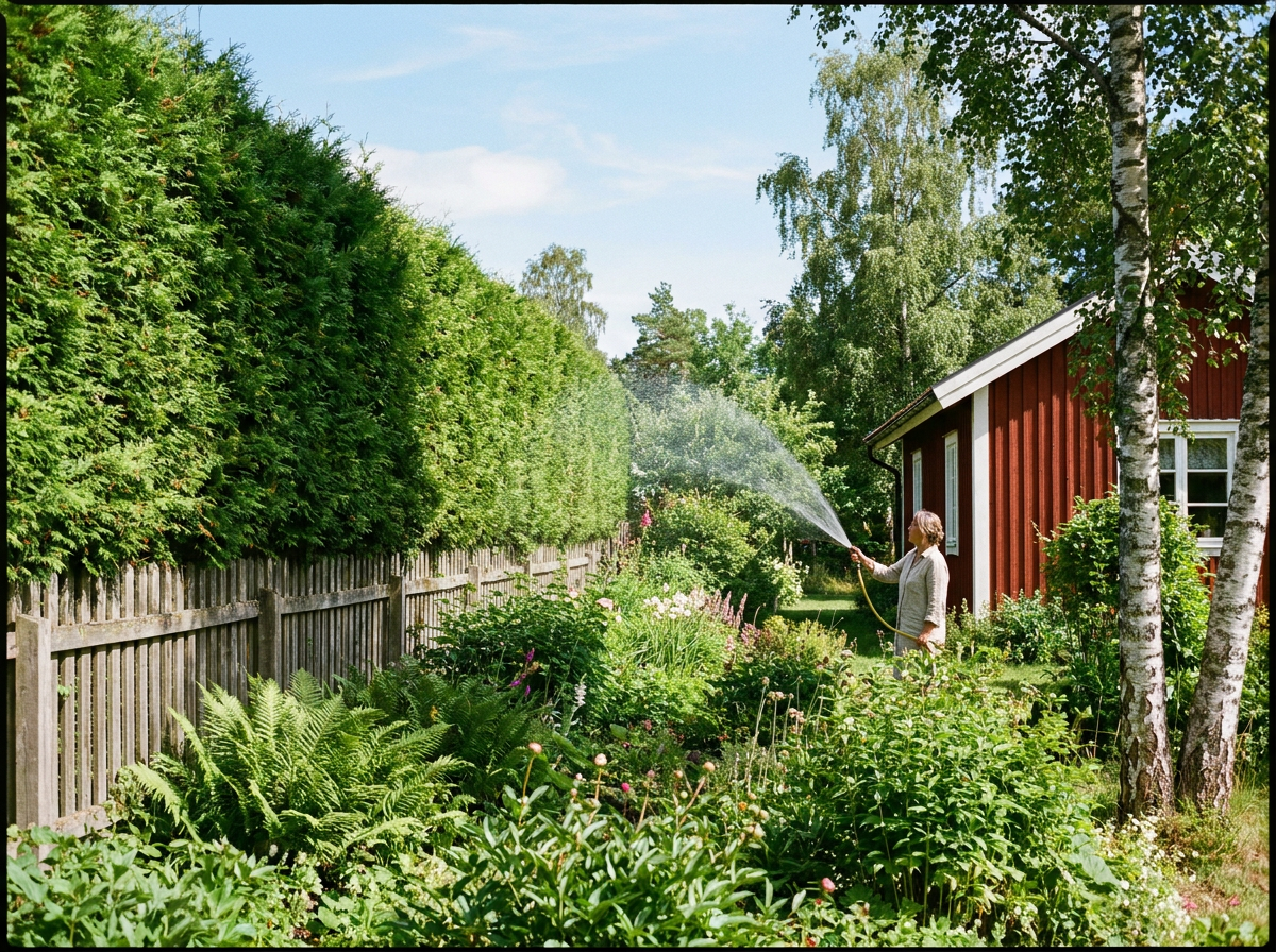 Vattning av häckväxter på sommaren i en skandinavisk trädgård
