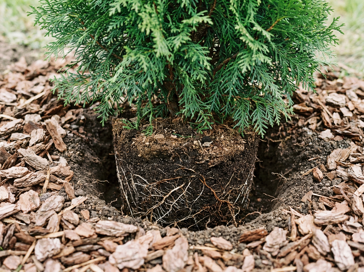 Nysatt thuja med täckmaterial runt rotzonen