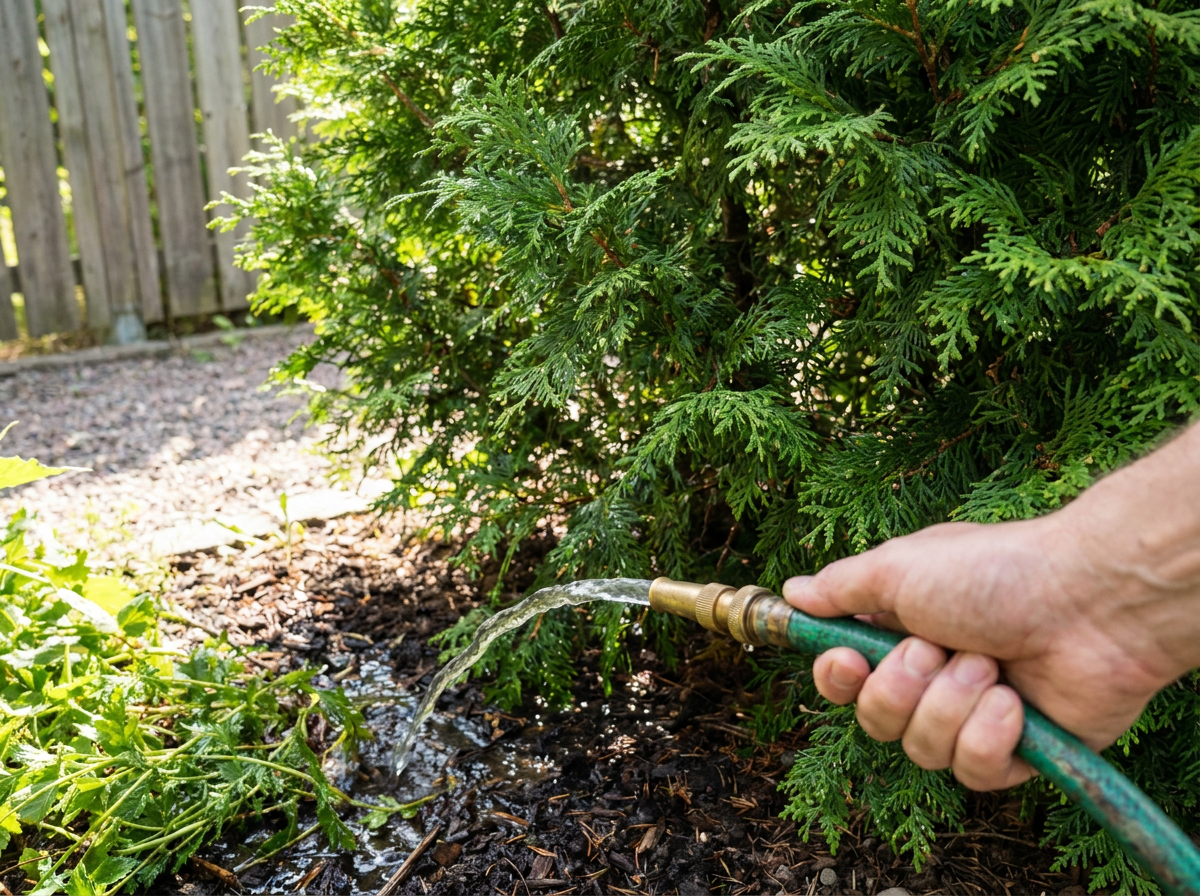 Vattning av thujahäck vid rotzonen