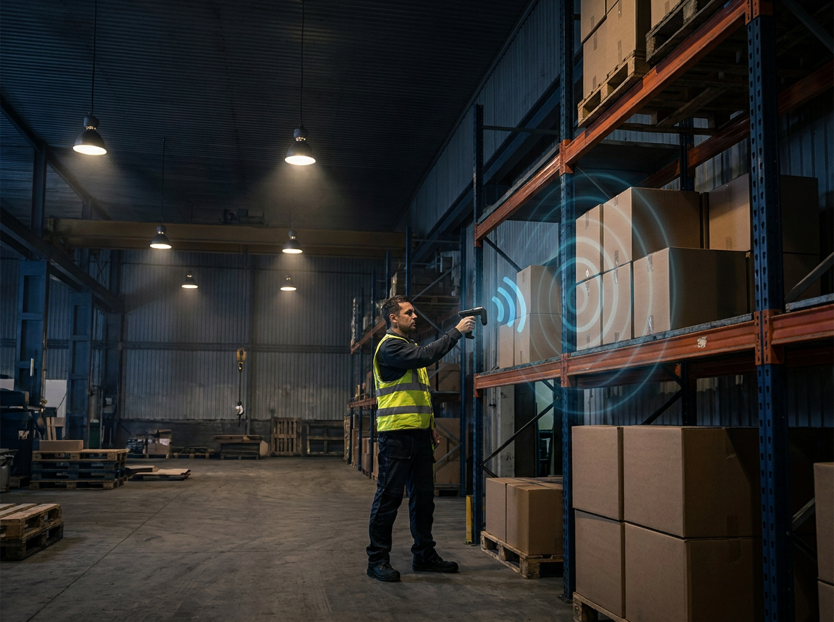 Worker using Zebra RFD40 RFID handheld reader in warehouse