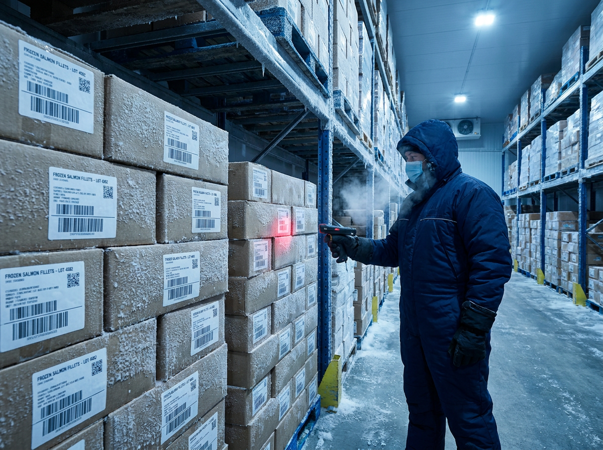 Cold storage freezer warehouse with thermal labels