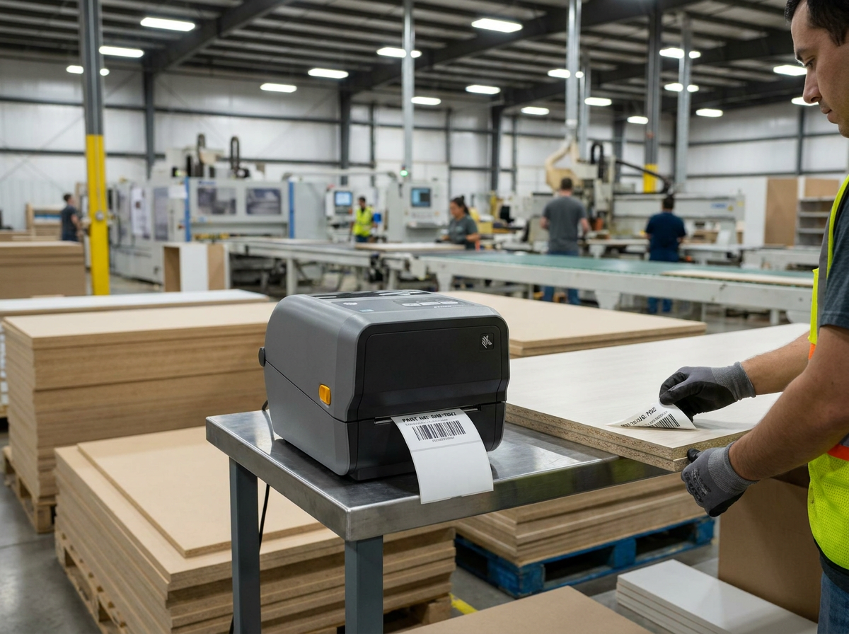 Zebra printer on cabinet factory production line